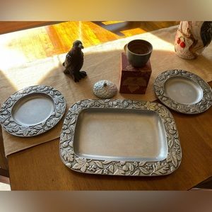 Longaberger 4 piece set 2 plates tray acorn candle falling Leaves metalware